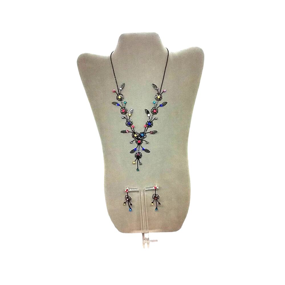 Black Mesh Floral Necklace and Earring Set Multi Colored Rhinestones